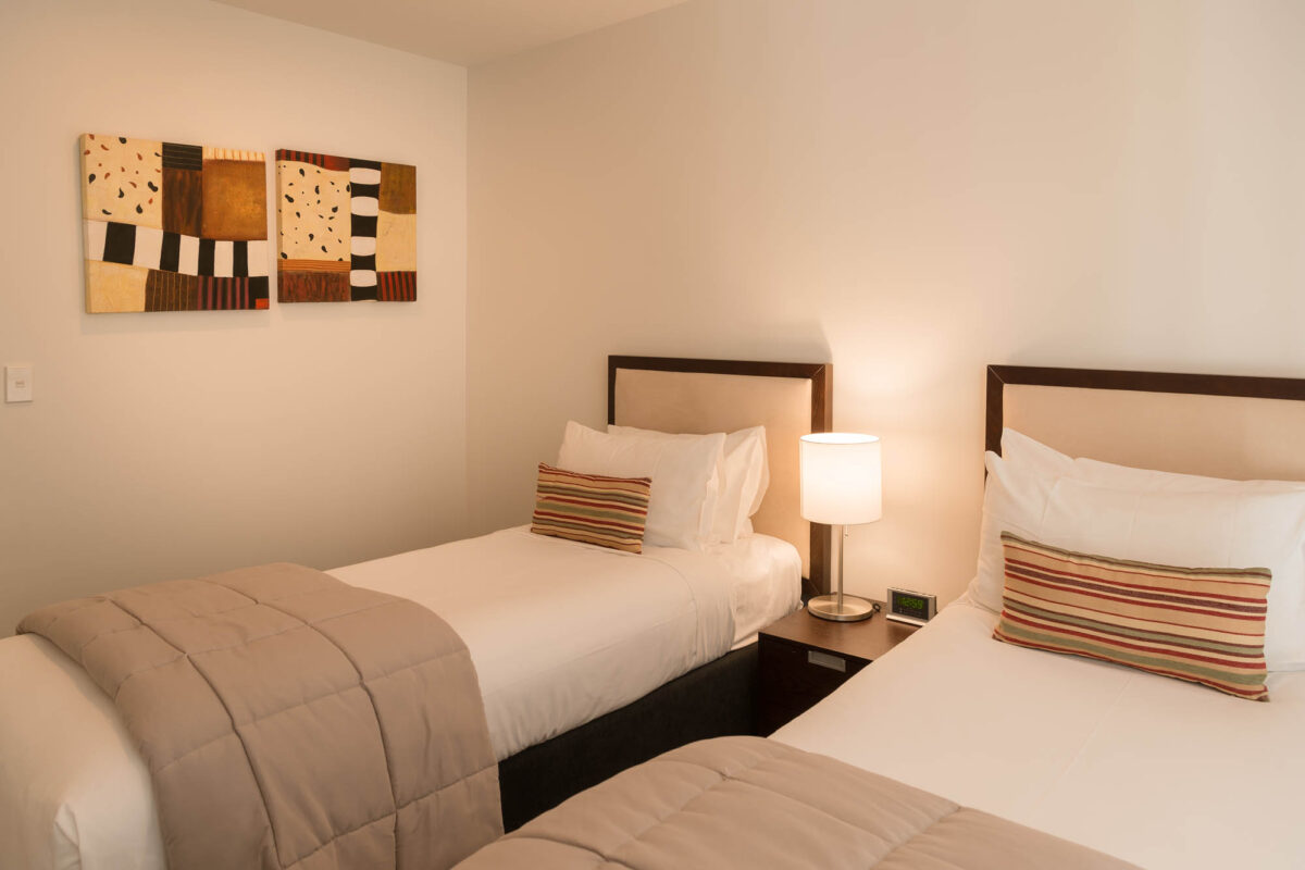 Bed Split Bedroom - Boulcott Suites 2 Bedroom Apartment South Tower For Village Accommodation Group. Photo credit: Stephen A’Court. COPYRIGHT ©Stephen A’Court