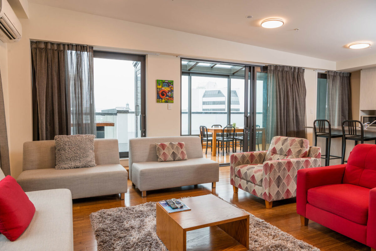 Lounge, Kitchen + Windows - Boulcott Suites O_Sullivan Suite The O'Sullivan Suite for Village Accommodation Group, Wellington NZ. Photo credit: Stephen A’Court. COPYRIGHT ©Stephen A’Court