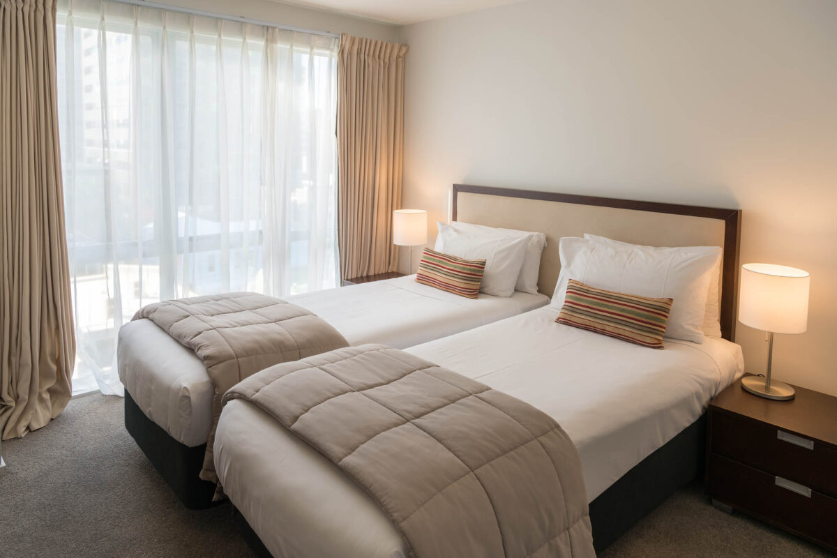 Twin Bed - Boulcott Suites 2 Bedroom Townhouse For Village Accommodation Group. Photo credit: Stephen A’Court. COPYRIGHT ©Stephen A’Court
